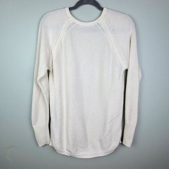 ATHLETA Varsity Crewneck Knit Pullover Side Zipper Sweater Cotton Ivory Cream L - Picture 2 of 12
